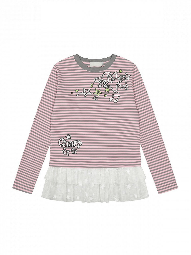 Two Tone Striped Crew Neck Lace Trim Star Top - Solkatt