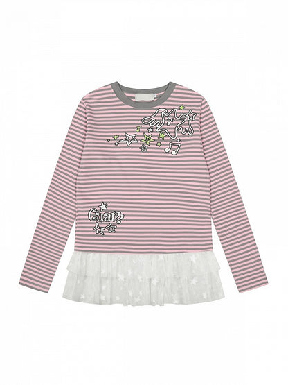 Two Tone Striped Crew Neck Lace Trim Star Top - Solkatt