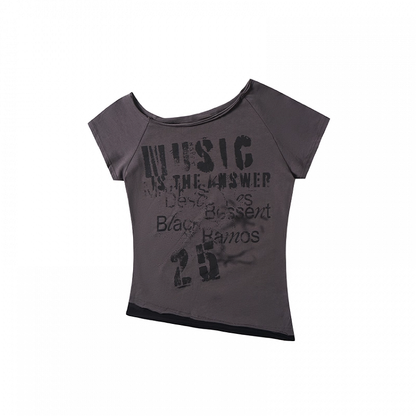 Y2K Letter Print White/Gray Asymmetrical Neckline T-shirt