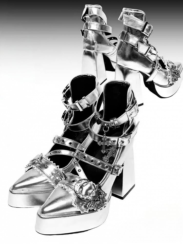 Gothic Silber Kreuz Herz Schnalle Riemen Nieten Plateau High Block Heels