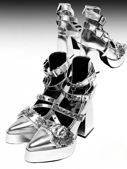 Gothic Silber Kreuz Herz Schnalle Riemen Nieten Plateau High Block Heels