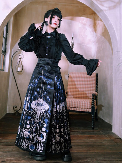 Black Balloon Sleeve Shirt with Ruffle Decoration - Quirky Hut