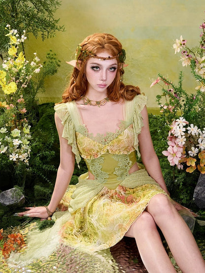 Green Fairycore Mori Lace A-Line Sleeveless Cut-out Dress - Virtual Orbit