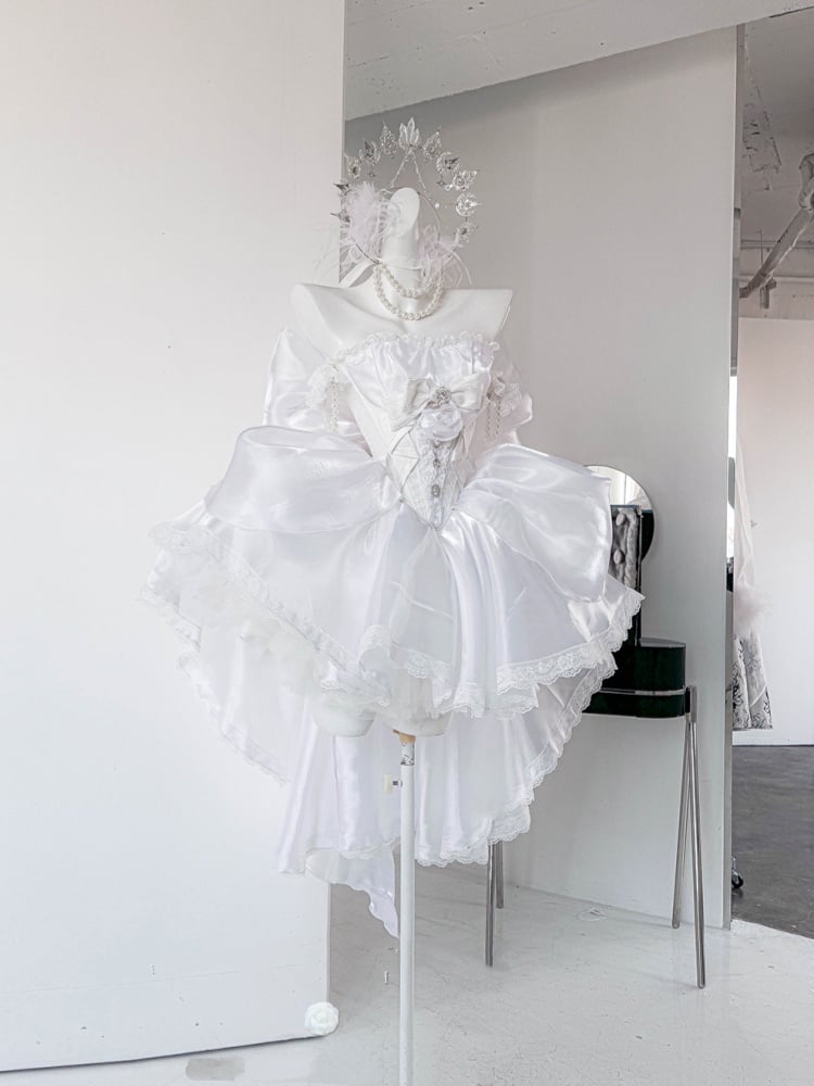 Rhinestones Balletcore Puffy Skirt White with Decorated Set Boned Corset Waist Strapless Top