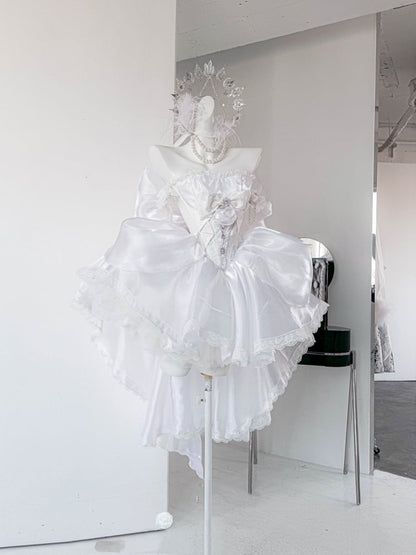 Rhinestones Balletcore Puffy Skirt White with Decorated Set Boned Corset Waist Strapless Top