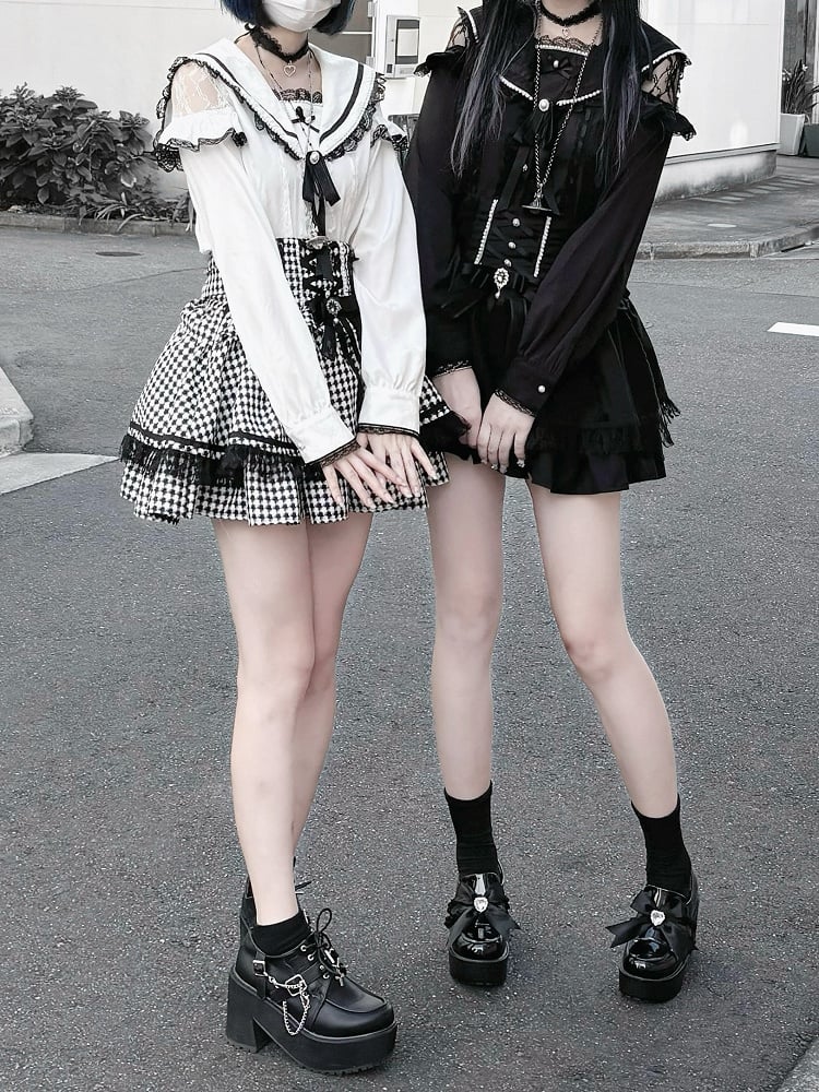 Anhängerbesatz Bluse Spitze mit Jirai Kei Schwarz/Weiß Matrosenkragen Cutout Choker Schulter Herz