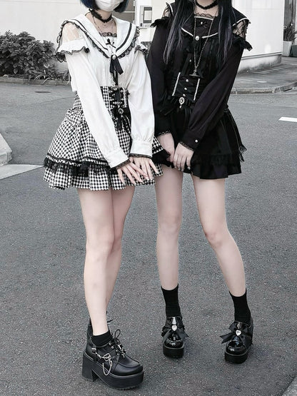 セルフタイデザインスカート クリスクロス ジライケイ ブラック/千鳥格子 ハイストラップウエストバック