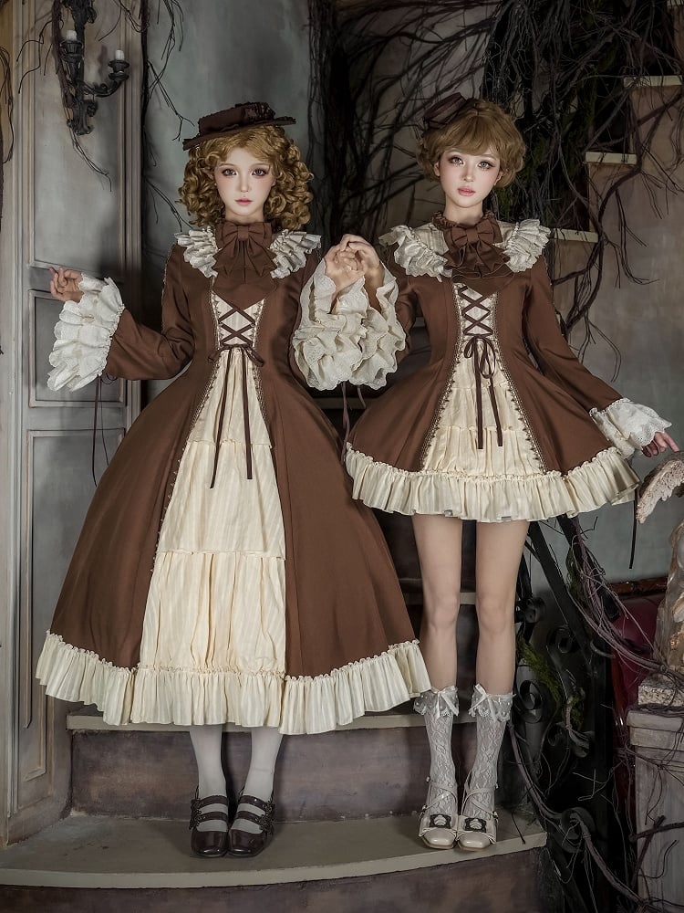 Elegant Long Bell Sleeves and Beige Hat + Autumn OP Version Lolita Brown Bowtie