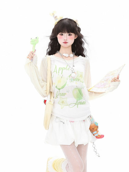 Top Loose-Fit for Apple Fall and - Sleeve Green/Yellow Print Semi-Sheer with Summer Long Breathable