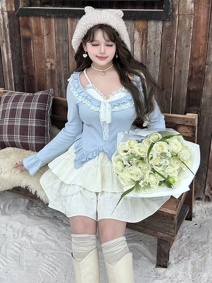 Plus Size Hellblaues zweiteiliges Top mit Rüschenbesatz und V-Ausschnitt und langen Ärmeln