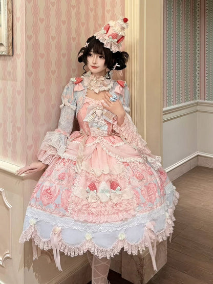 Blue & Pink Strawberry Cake Print Bell Sleeve Lolita Dress - Ball Lolita