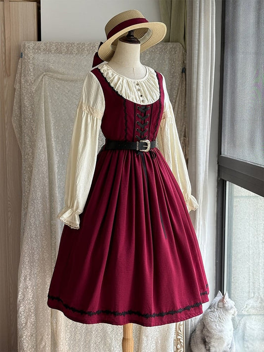 Red & Beige Round Neck Long-sleeved Elegant Classic Lolita Dress with Lace-Up Front