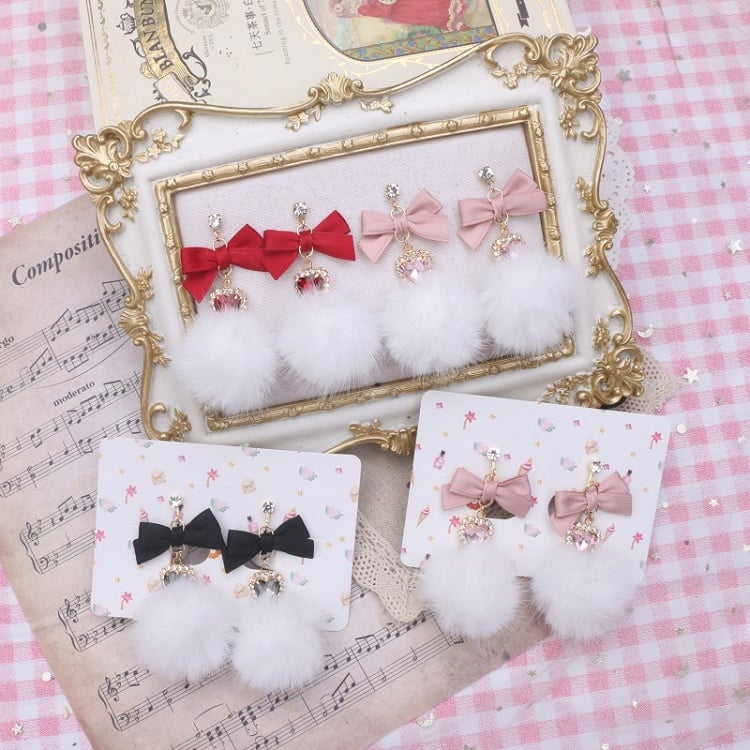 Pom-pom Kei Jirai Options Rhinestone Earrings 5 Bowknot Heart Color