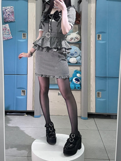 Black Elegance Bodycon featuring Kei Jirai Dress: Defining Plaid Ruffles Ladylike Puff