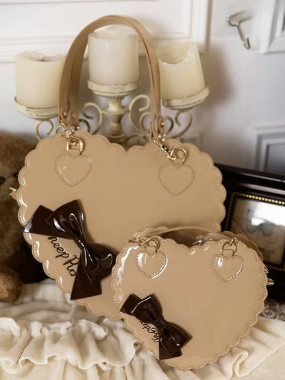 with and Heart Tea - Zipper Bag Cookie Accent Lolita Closure Sweet Shape 2-Way Milk Bow
