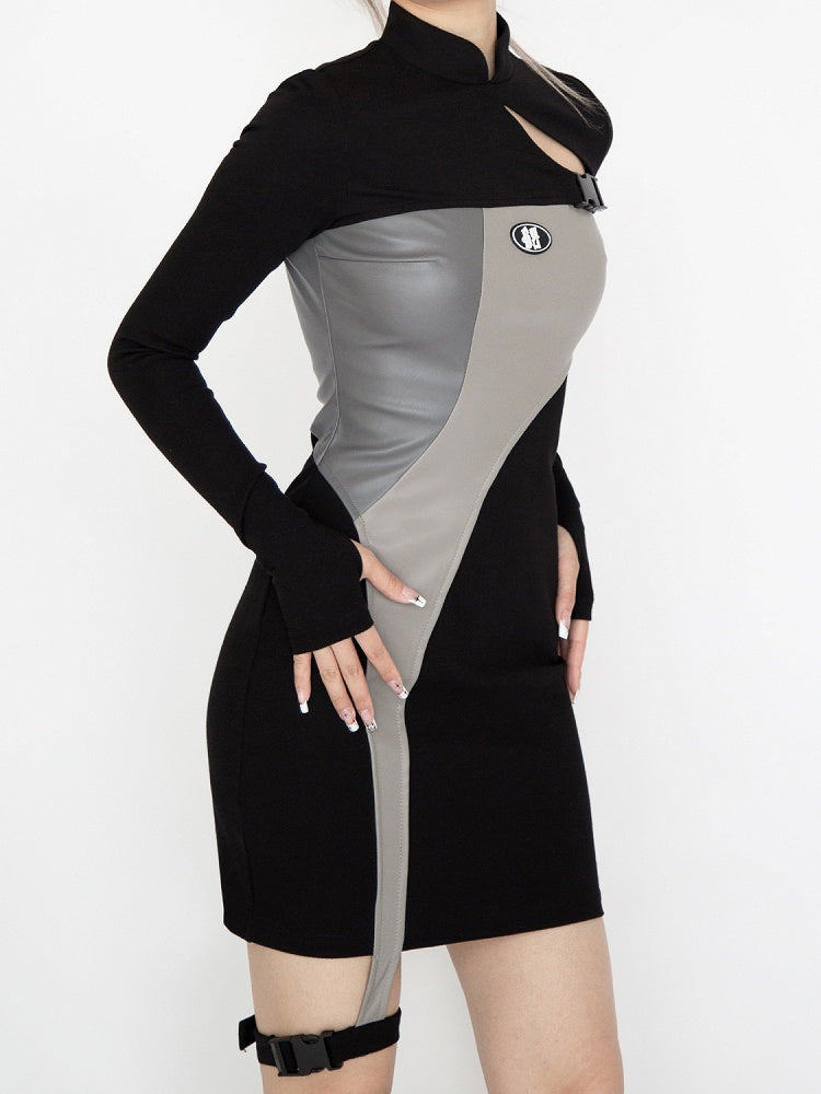 サイバーパンク風の未来的なブラック＆グレーのバンドカラーカットアウトディテールのガーター付きグラマラスドレス