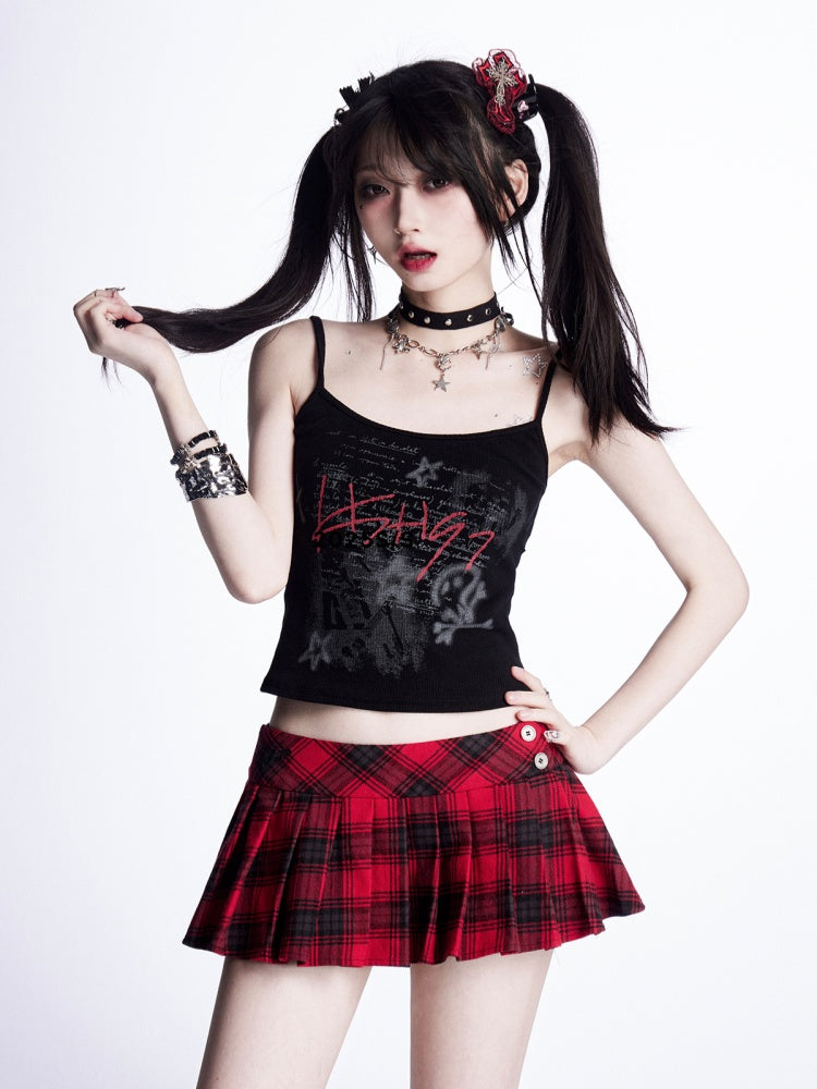 Rot/Schwarzes Vintage-Camisole-Top mit Buchstabendruck, glamourös