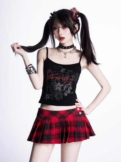 Rot/Schwarzes Vintage-Camisole-Top mit Buchstabendruck, glamourös