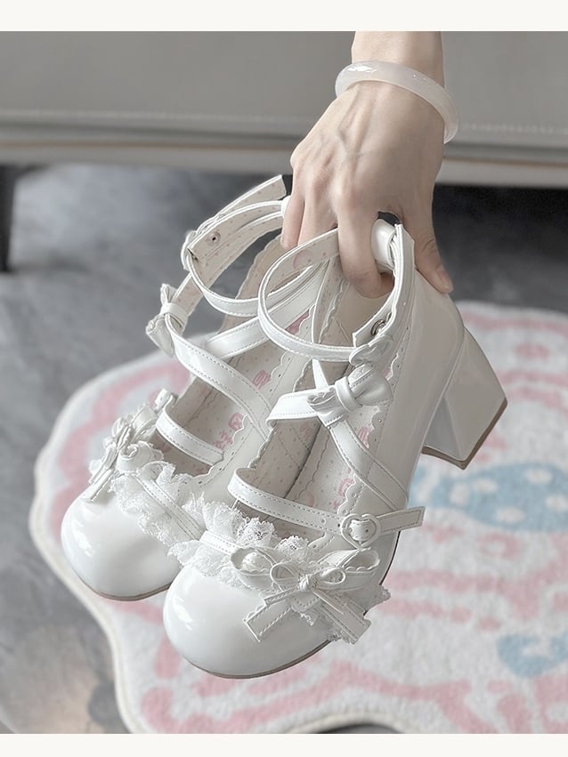 White Dreamy Lolita Mid-Heel Shoes - Ruffled Lace & Bow