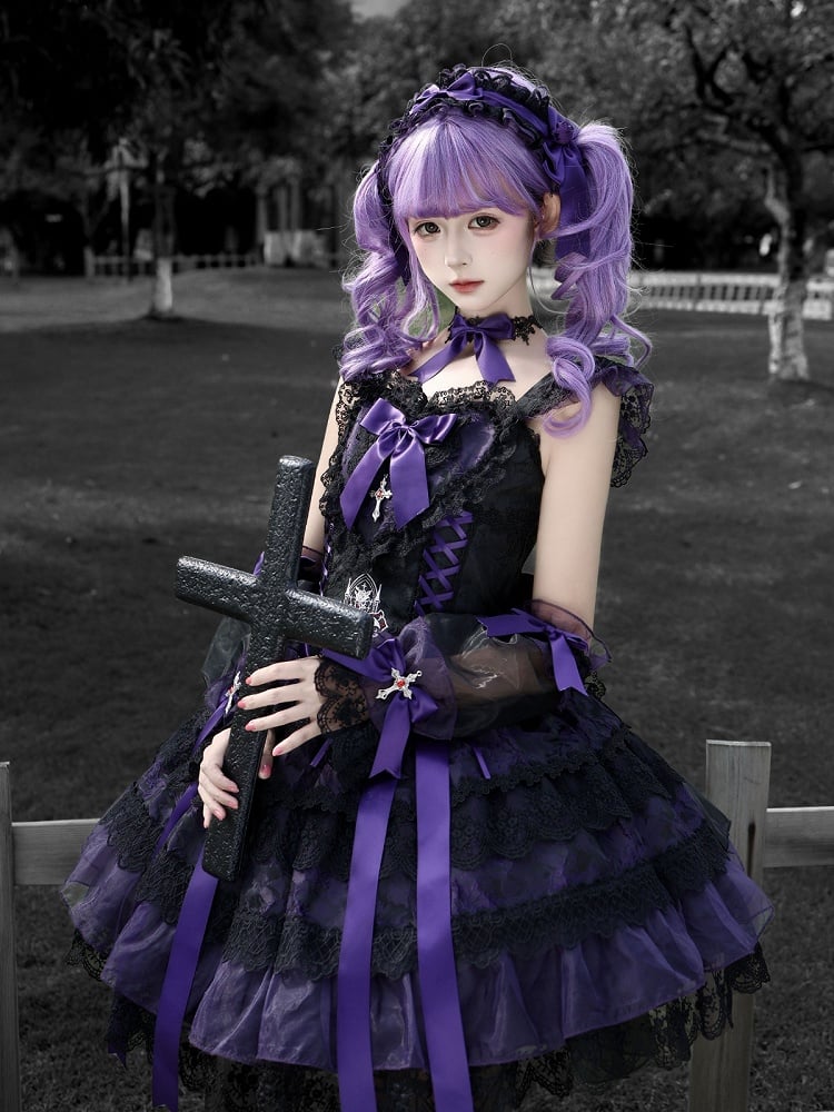 Gothic Lolita JSK Dress with Cross & Spider Details, Layer Lace Trim & Bowknots in Black & Purple - Dream Flower Box