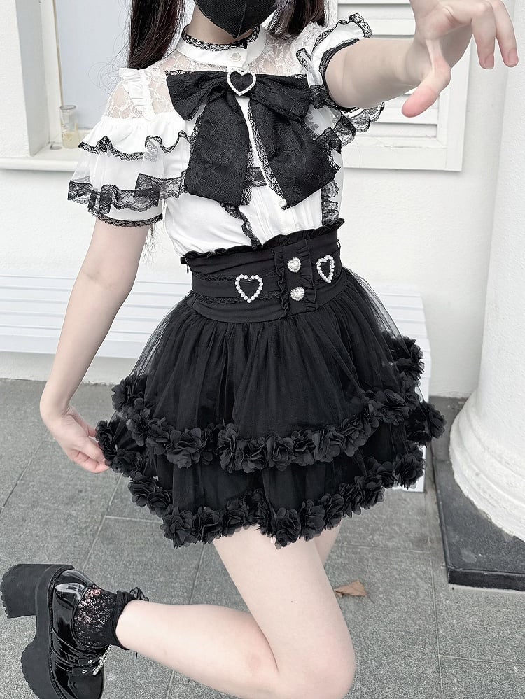 Sleeves Blouse Illusion Neckline White Short Contrast Black Lace with Jirai Kei Trim