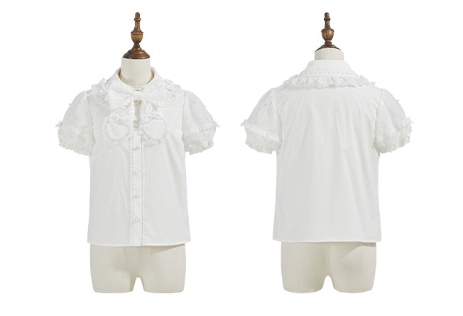 ホワイトの取り外し可能な蝶結びネックラインのビーズ付きショートパフスリーブブラウス