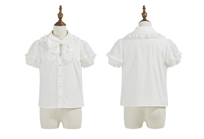 ホワイトの取り外し可能な蝶結びネックラインのビーズ付きショートパフスリーブブラウス