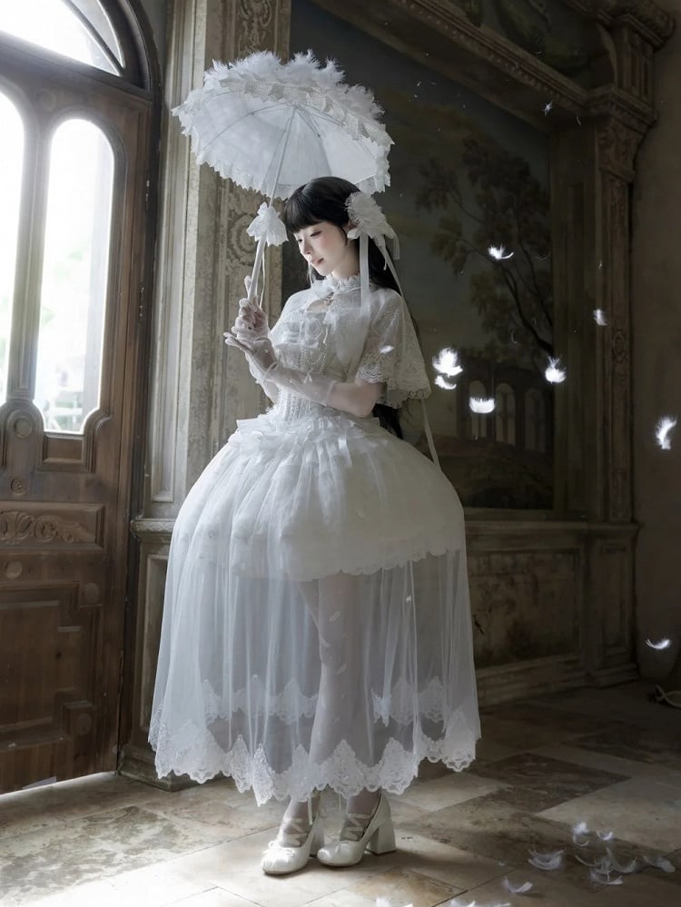 Classic White Snow Hime Lolita Dress Set with Accessories - Airfreeing