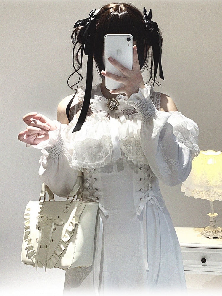 Dress Version Jirai Kei Cutout Shoulder Lace Long Bow Decor Long-Sleeve White Rhinestone