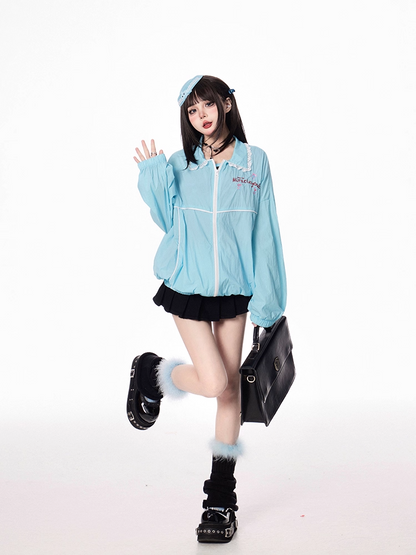 裾のシャツカラー、伸縮性のある袖口、ジップアップジャケット ブルー