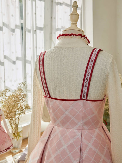 ジャンパートリミングピンクレッドロリータスカートフロントレースアップと