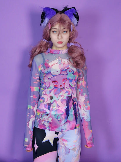 Colorful Y2K Long Print Sleeves Top Sun Semi-sheer Protection Cartoon