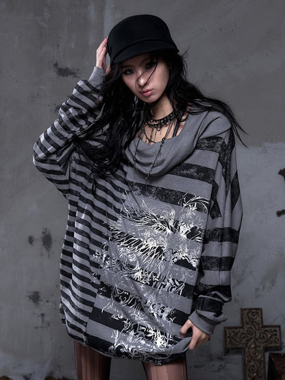Black Sweatshirt Dress Print Stripes Cross Punk Off-Shoulder Versatile Batwing with Y2K Gray