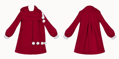 ポンポンスカーフカラー、レッドの新年衣装、ウールコート、プラッシュトリムカフス