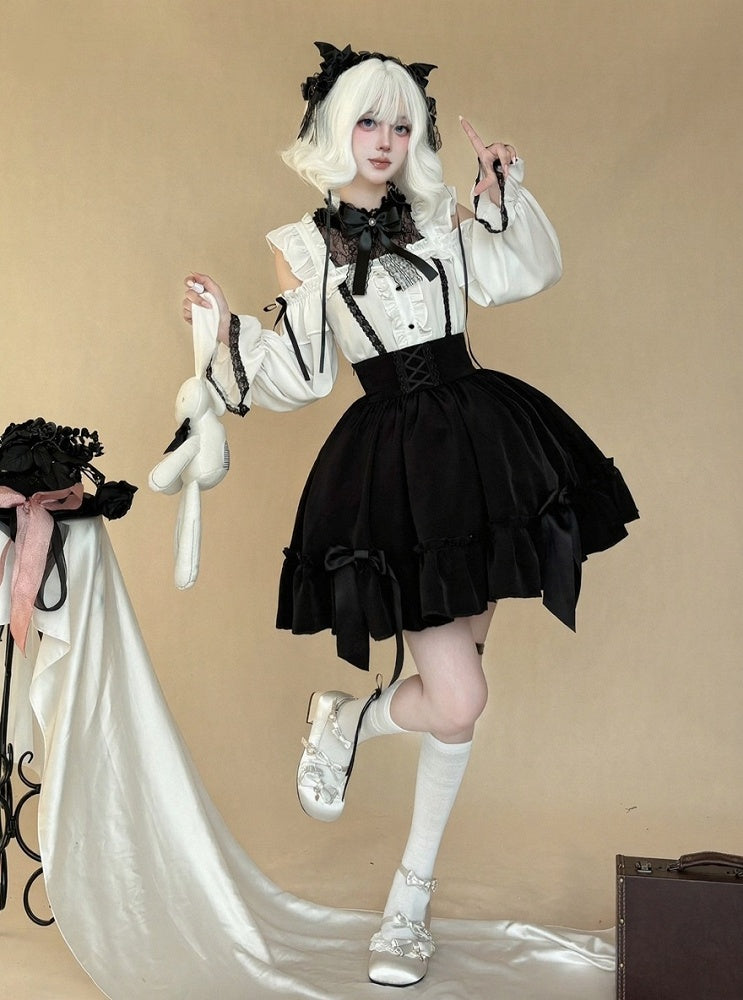Gothic Monochrome Cutout Shoulder Top with Lace and Bow Embellishments - AMAHAKAWA