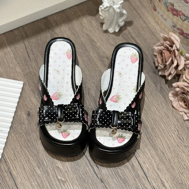 Platform Strawberry Top Black Print Slippers Bow Lolita Wa at