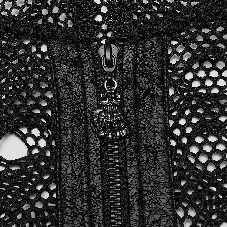 Hooded Punk Jacket Mesh Black Ripped Short