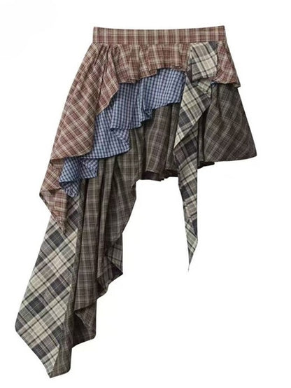 ミラードチェック柄ブラウンスカート ティアードファッション アシンメトリーヘムパターン