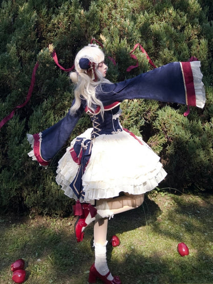 ダークブルーとレッドのドローストリングティアードフリルジャンパースカートセット