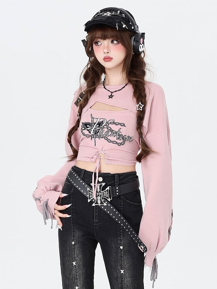 Crisscross with Pink Cropped Fitted Knit Tank Shrug Sweet Set: Lacing + Spicy