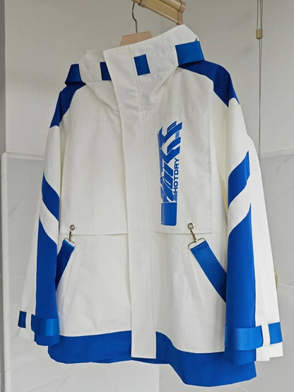 Blue and White Jirai Kei  Techwear Straps Design Hooded Windbreaker Jacket