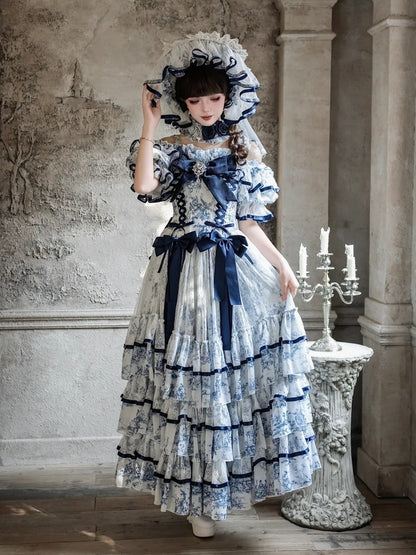 Blue and White Elegant Porcelain-Style Hanayome Multi-layered Skirt Boned Lolita Hime Dress with Bow and Lace Details - Sleepless Star