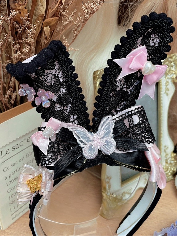 Yellow/BlackPink Ears Sweet Bunny Butterfly Bowknot KC Lolita Details Decorated