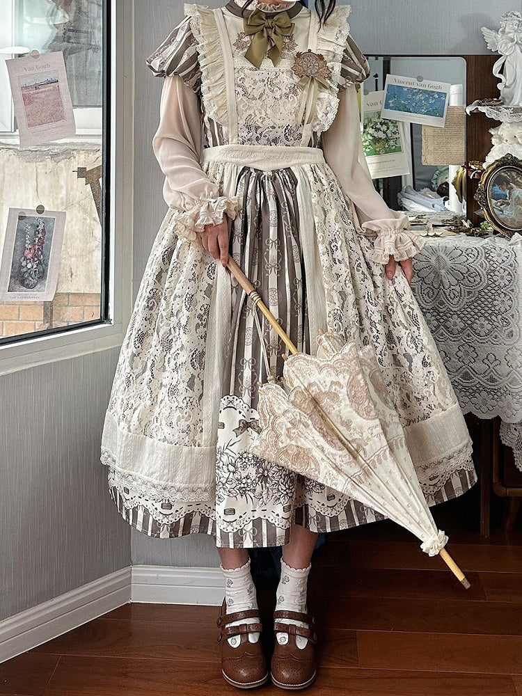 Bodice Pattern and Bowknot Lolita Piece Classic Embroidery Version Brown Long One Striped Floral