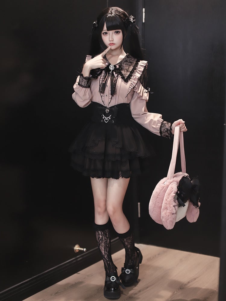 Black Shoulder Kei Pink with Collar Lace Cutouts Pointed Blouse Jirai Gothic