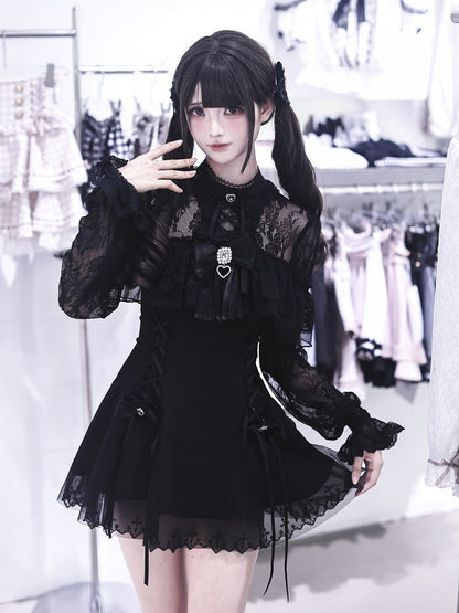 Jirai Kei Black Lace Long-Sleeve Dress with Shorts & Bow Tie Three-Piece Set - Ekomi