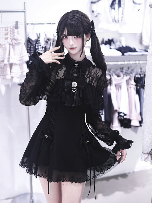 Jirai Kei Black Lace Long-Sleeve Dress with Shorts & Bow Tie Three-Piece Set - Ekomi