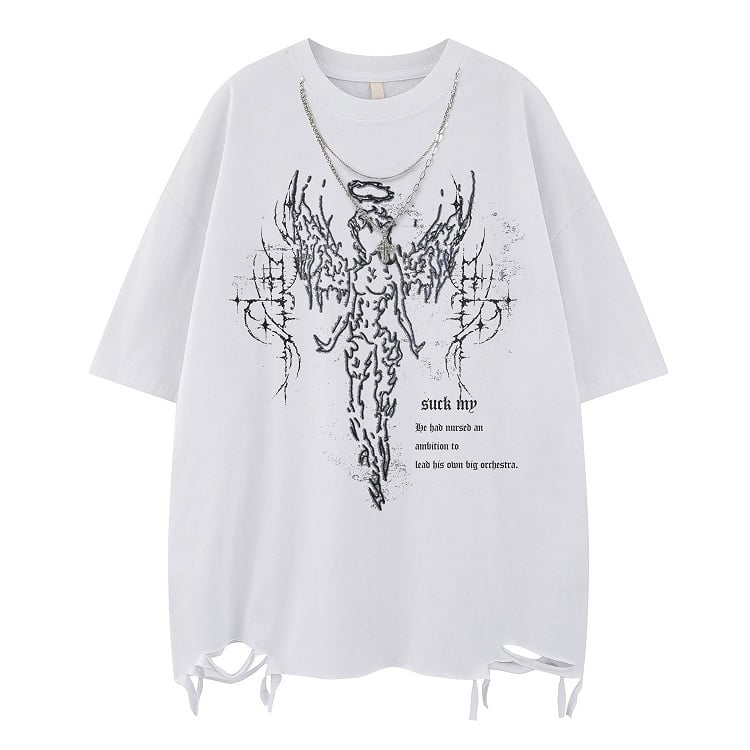 White/Black Distressed T-Shirt with Angelic Outline and Detachable Chain Cross