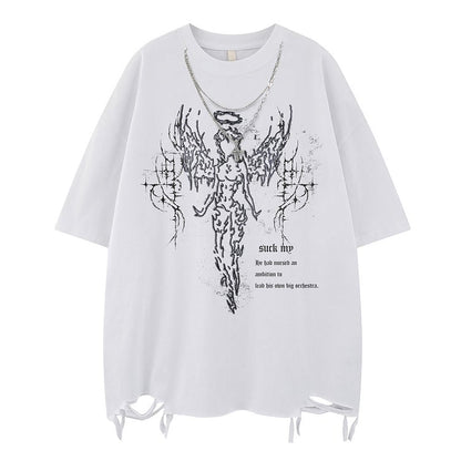 White/Black Distressed T-Shirt with Angelic Outline and Detachable Chain Cross
