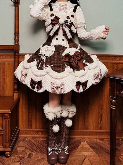 Applikationen Süßes Plüsch Herzchen und Akzente mit Braunen Details Schleife Kleid Lolita Weiß